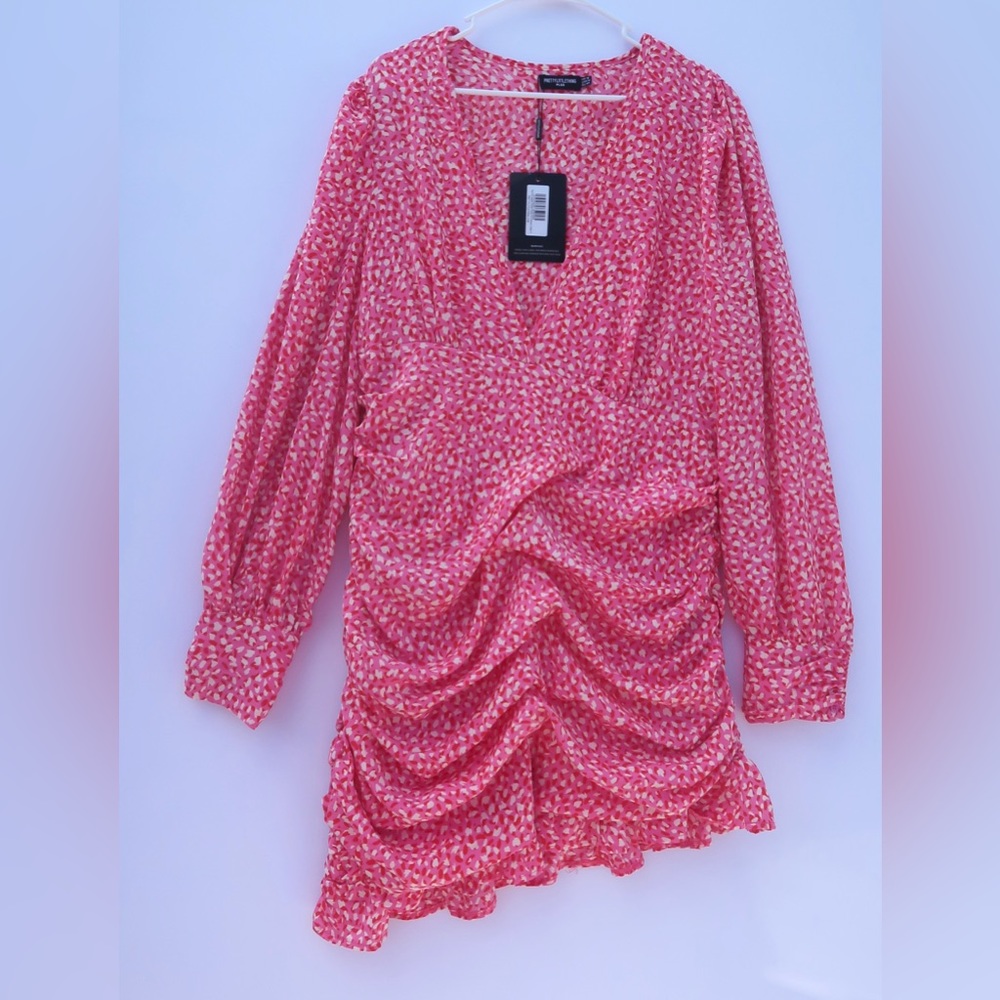 53. PrettyLittleThing Dress | Size 14 | Pink leopard ruched plunge front dress
